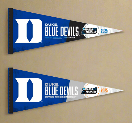 one blue and black Duke Men's Basketball March Madness 2025 Pennant and one Duke Women's Basketball March Madness 2025 Pennants