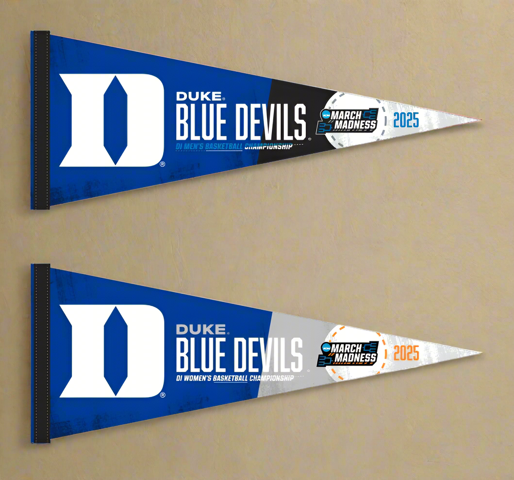 one blue and black Duke Men's Basketball March Madness 2025 Pennant and one Duke Women's Basketball March Madness 2025 Pennants
