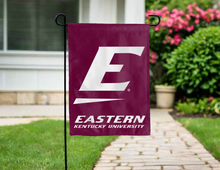 Load image into Gallery viewer, eastern kentucky university garden flag hung outside for yard decor
