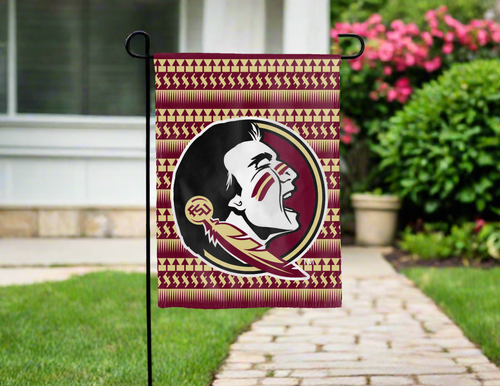 FSU garden flag with spear background hung for yard decor