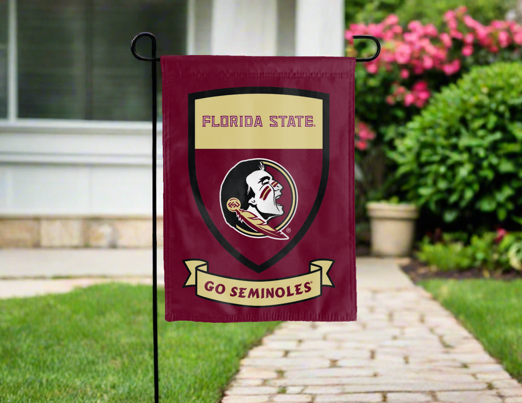 FSU Garden flag with shield and go seminoles logos for yard decor