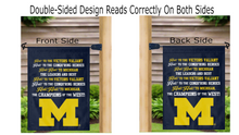 Load image into Gallery viewer, blue double-sided michigan wolverines fight song garden flag hung on a mailbox flagpole outside

