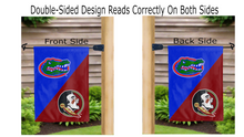 Load image into Gallery viewer, Florida FSU house divided logos reading correctly on both sides of double sided garden flag
