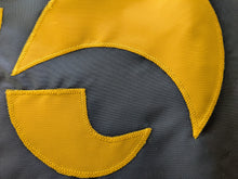 Load image into Gallery viewer, Close-up of a hand-sewn beak of University of Iowa Hawkeye logo of University of Iowa National Applique flag, showing the detailed stitching and fabric texture.
