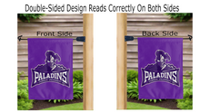 Load image into Gallery viewer, furman university paladins logo reading correctly on both sides of purple garden flag
