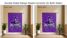 Load image into Gallery viewer, furman university paladins logo reading correctly on both sides of purple house flag
