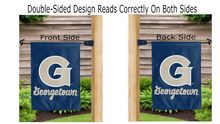 Load image into Gallery viewer, g georgetown logo reading correctly on both sides of blue double sided garden flag
