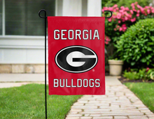 Load image into Gallery viewer, red Georgia Bulldogs Garden Flag hung outside for yard decor
