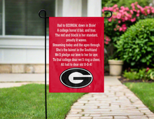 Load image into Gallery viewer, Georgia garden flag with Fight song logo hung outside for yard decor
