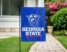 Load image into Gallery viewer, blue georgia state university garden flag hung outside for yard decor
