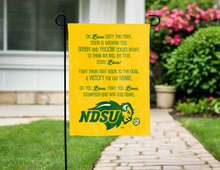 Load image into Gallery viewer, NDSU garden flag with fight song logo hung outside for yard decor

