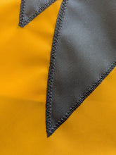 Load image into Gallery viewer, Zig zag stitched pattern of a black hawkeyes logo on gold university of iowa applique flag
