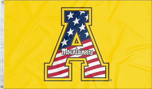 Gold 3x5 foot wide Appalachian state University flag with American flag style A Mountaineers Logo and two metal grommets