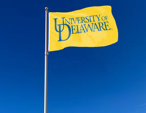 Gold 3x5 foot wide University of Delaware Flag with blue University letters logo and two metal grommets
