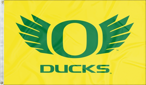 gold University of Oregon flag with Ducks logo and two metal grommets