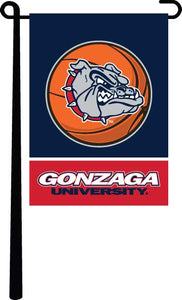 Blue white and red 13x18 Gonzaga University Garden Flag hanging on black garden flag stand