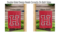 Load image into Gallery viewer, h logo reading correctly on both sides of red harvard university garden flag
