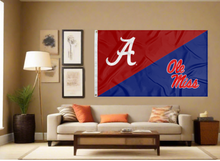 Load image into Gallery viewer, red and blue Alabama Ole Miss house divided flag covering living room wall
