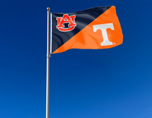 Load image into Gallery viewer, blue and orange house divided Auburn Tennessee Game flag attached to flagpole waving in the wind
