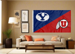 blue and red BYU Utah House Divided Flag with two metal grommets covering tan wall of living room