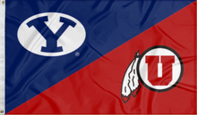 Load image into Gallery viewer, blue and red BYU Utah House Divided Flag with two metal grommets
