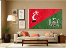 Load image into Gallery viewer, red and green Cincinnati Ohio University house divided flag covering living room wall
