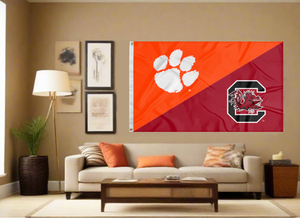 orange and red Clemson South Carolina Game Flag covering living room wall