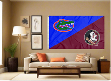 Load image into Gallery viewer, blue and maroon house divided Florida FSU Game Time Flag covering  living room wall
