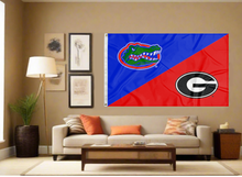Load image into Gallery viewer, blue and red house divided Florida Georgia Game Flag covering living room wall
