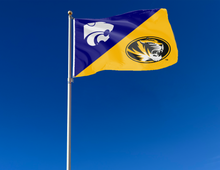 Load image into Gallery viewer, purple and gold Kansas State Missouri house divided flag attached to flagpole waving in the wind
