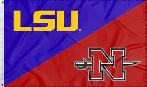purple and red LSU Nicholls State House divided flag for sports décor