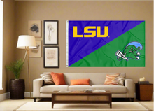 Load image into Gallery viewer, purple and green LSU Tulane house divided flag covering living room wall
