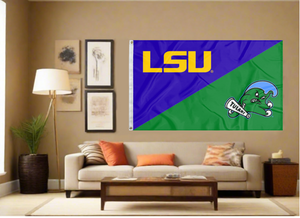purple and green LSU Tulane house divided flag covering living room wall
