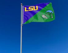 Load image into Gallery viewer, purple and green LSU Tulane house divided flag attached to flagpole waving in the wind
