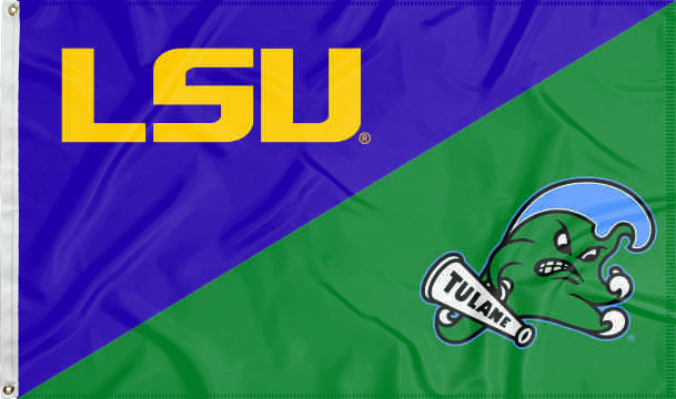 purple and green LSU Tulane house divided flag