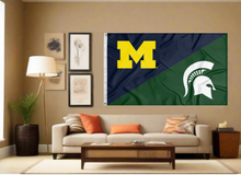 Load image into Gallery viewer, blue and green Michigan MSU House divided with Spartan Helmet Logo covering living room
