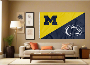 gold and navy Michigan Penn State House Divided Flag covering living room wall