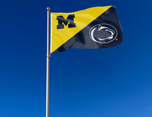 Load image into Gallery viewer, gold and navy Michigan Penn State House Divided Flag attached to flagpole waving in the wind
