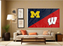 Load image into Gallery viewer, blue and red Michigan Wisconsin House divided flag covering living room wall
