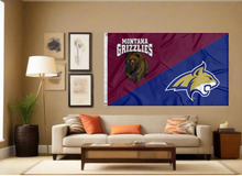 Load image into Gallery viewer, maroon and blue house divided Montana Montana State Game Flag covering living room wall
