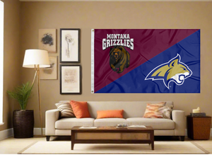 maroon and blue house divided Montana Montana State Game Flag covering living room wall