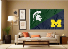 Load image into Gallery viewer, green and blue MSU Michigan house divided flag covering living room wall
