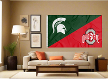 Load image into Gallery viewer, green and red MSU Ohio State House Divided Flag covering living room wall
