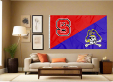 Load image into Gallery viewer, red and purple NC State ECU house divided flag covering living room wall

