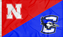 Load image into Gallery viewer, red and blue Nebraska Creighton House divided flag for sports décor
