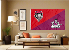 Load image into Gallery viewer, red and maroon New Mexico Lobos New Mexico Aggies House Divided Flag covering living room wall
