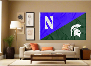 purple and green Northwestern Michigan State House Divided flag with two metal grommets covering tan wall of living room