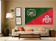 Load image into Gallery viewer, green and red house divided Ohio Ohio State game flag covering living room wall
