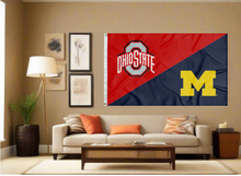 Load image into Gallery viewer, red and blue Ohio State Michigan House Divided Flag covering living room wall
