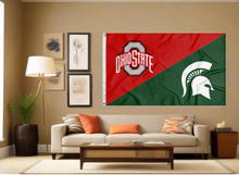 Load image into Gallery viewer, red and green Ohio State MSU house divided flag covering living room wall
